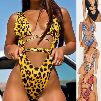 Naujas bikini Europos ir Amerikos vientisi maudymosi kostiumėliai, leopardas spausdinti tvarstis iškirpti seksualus vientisi maudymosi kostiumėliai, bikini-PX