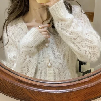 Naujas moterų megztinis švelnus moheros kablys gėlių tuščiaviduriai kvėpuojantis ploni megztiniai megztinis didelis mygtukas sexy top coat