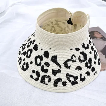 Naujas Ponios Atsitiktinis Didelis kraštų Saulės skydelis skrybėlę Leopardas spausdinti šiaudų skrybėlę Atostogų Lankas Veidrodėliai Saulės casquette Kepurės