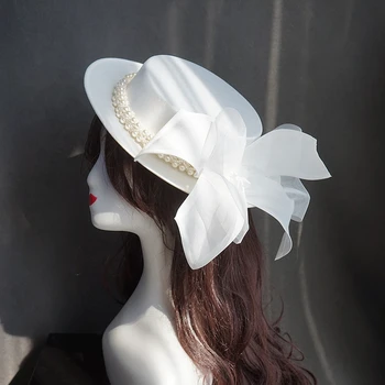 Nuotakos Prancūzijos Top Hat Nuotaka Vestuvių Perlai Didelis Bowknot Balta Fedora Lady Pokylių Elegantiškas Fascinators Moterys Šalis Vinjetė