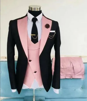 Pagal užsakymą Pagaminti Vyrų Kostiumai, Juodos ir Rožinės spalvos Jaunikis Tuxedos Žingsniu Atvartas Groomsmen 3 vnt Komplektas ( Striukė + Kelnės + Liemenė + Kaklaraištis) D356