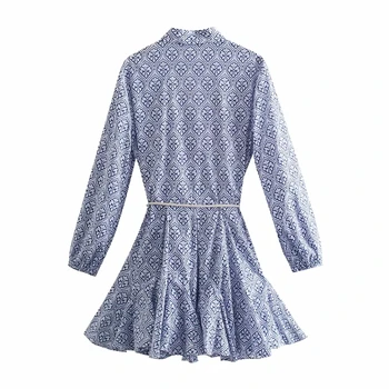 Pavasario Dress 2021 Za Blue Print Mini Suknelė Moterims Atsitiktinis Diržas Ilgos Rankovės Trumpos Suknelės Ponios Derliaus Mygtuką Pynimas Suknelės