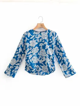 Pavasarį, vasarą naujų blue flower satin marškinėliai derliaus plius dydis hming stiliaus za moterų 2021 sheining vadiming palaidinė marškinėliai LKD2128