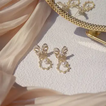 Pietų Korėjos naujo dizaino bižuterijos saldus ir elegantiškas lankas vario cirkonis perlas vandens lašas moterų tabaluoti auskarai