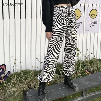 Platus Kojų Kelnės Moterims Zebras Spausdinti Harajuku Ins Streetwear Rudens Dienos Palaidų Drabužių, Mados Visas rungtynes, Baggy Sost Klasikinis Retro