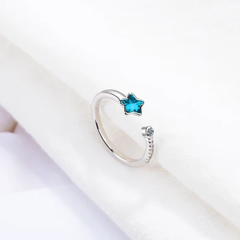 POPACC 925 Sterling Silver Blue Crystal Star Atidarymo Žiedas Moterims Mergina Dovana Micro Cirkonis Žiedas anillos