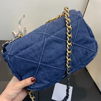 Prabanga džinsinio 19 maišelį dizainerio rankinės moterims aukščiausios kokybės prekės crossbody maišelis audinio nešti rankinėje metalo grandinės atvartu pečių krepšiai