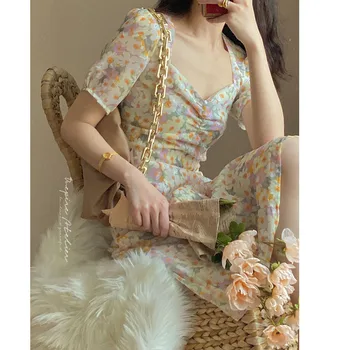 Prancūzijos Šviesą Saldus Gėlių Moterų Suknelė Korėjos Elegantiškas V-Kaklo Trumpomis Rankovėmis Pasakų Suknelė Spausdinti Elegantiškas Vientisas Suknelė 2021 Naujas Vasaros
