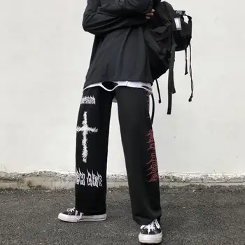 Punk Hipių Pločio Kojų Kelnės Moterims Gotikos Harajuku Streetwear Anime Gatvės Stiliaus Centro Goth Black Print Kelnės Hip-Hop