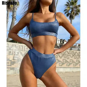 Riseado Push Up Bikinis 2021 High Waisted Maudymosi Kostiumėlį, Mėlyna Seksualus Maudymosi Kostiumėliai Moterims, Briaunoti Maudymosi Kostiumą, Dirželis Paplūdimio Brazilijos Bikini