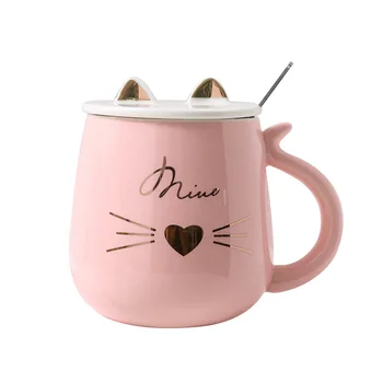 Rožinis ir švelnus, mergaitės širdį žavinga katė, didelis pilvas keramikinis puodelis, mielas animacinių filmų su dangčiu šaukštas, puodelis, skirtas studentams ir mėgėjams