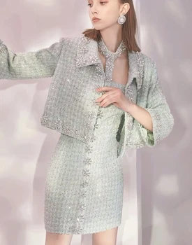 Rudenį Moterų Aukštos kokybės Krištolo Tvido paltas Prašmatnus elegantiškas moteris tvido švarkai A734