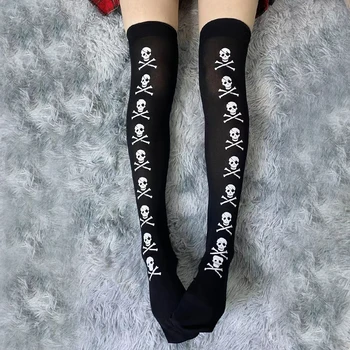 Seksualus Ilgio Ruožas Roko Tamsiai Goth Kojinės Plonos Lauko Atsitiktinis Naujas Streetwear Black, Gothic Moterų Balta Kaukolė Kietas Gyvulių 2021