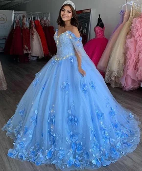 Sparkly Dangus Mėlynas Quinceanera Suknelės Su Žaliuoju 2021 Appliques 3D Gėlės, Karoliukai Šalis Princesė Saldus 15 Kamuolys Suknelė Off Peties