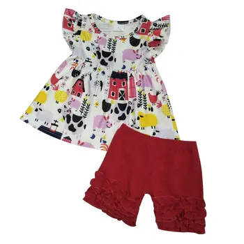 Taigi, mielas ūkio spausdinimo boutique drabužių plazdėjimas rankovės ir pynimas raudona medvilnė šortai vasaros apranga mergaitėms