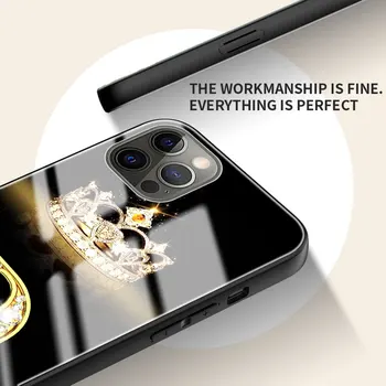 Telefono dėklas skirtas iPhone 11 12, Pro 7 8 XR X 6, 6S Plius 5 XS Max SE Grūdintas Stiklas Coque Atgal Padengti Deimantų Karūną Raidė