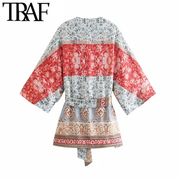 TRAF Moterų Mados Su Diržo Pahtchwork Spausdinti Kimono Palaidinės Derliaus Tris Qulater Rankovės Moterų Marškiniai, Elegantiškos Viršūnės