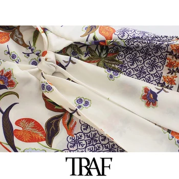 TRAF Moterų Mados Susieta Su Gėlių Spausdinti Kimono Palaidinė Derliaus Trys Ketvirtį Rankovės skeltukais Moterų Marškiniai, Elegantiškos Viršūnės