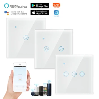 Tuya WiFi Touch Smart Switch Šviesos, Be Neutralaus Laido Stiklo Siena ES dvipusis Valdymo 220V Laikmatis, Alexa, Google Namų Didmeninės