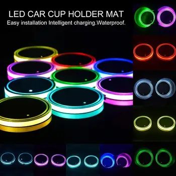 Universalus LED Automobilio Puodelio Laikiklį, RGB Šviesos Kilimėlis Trinkelėmis Gerti Miestelyje Vidaus Apdaila, Signalo Žibintai Lemputės Automobiliams, Licencijos Plokštės