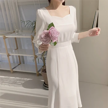 Vasaros 2021 Naujas Elegantiškas Moterų Midi Suknelė Pusė Rankovės Kietasis korėjos Stiliaus Nėrinių Aikštės Kaklo Mados Office Tiesios Suknelės