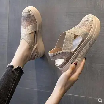 Vasaros Moterų Sandalai 2021 Naują Atsitiktinis Išpjovos Nėrinių Drobė Batai Tuščiaviduriai Gėlių Kvėpuojantis Platforma Butas Sandalai Zapatos De Mujer