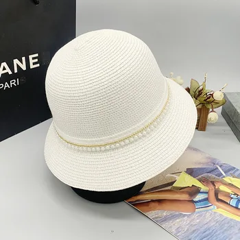 Vasarą saulės apsaugos pearl dekoratyvinis viršų skrybėlę su minkšta viršų ir plačiai kraštų deformuoti megzti šiaudų skrybėlę
