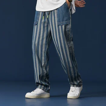 Vyrai Džinsai Dryžuotas Mados Džinsinio audinio Kelnės Kišenėje Vyrų Mėlyna Prarasti Elastingumą Drabužius Hip-Hop Streetwear Plius Dydis 4XL 5XL