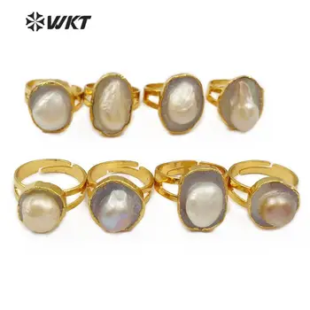 WT-R337 Naujas!!! gėlavandenių perlų Žiedas baltas perlas su aukso electroplated Žiedas, moterų Papuošalai, Žiedų, reguliuojamas
