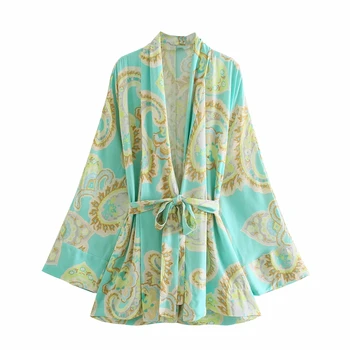 ZA Naują Pavasario Rudens Moterų Retro Gėlių Spausdinti Paprastas Stilius Laisvas ilgomis Rankovėmis Kimono Marškinėliai Atsitiktinis Chic Viršūnės Su Diržo XITIMEAO