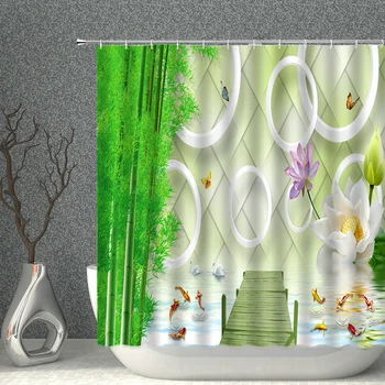 Zen Stone Dušo Užuolaidų Žiedų, Augalų Atspindys Vonios Užuolaidų Bambuko 3D Spausdinimo Modelis vonios dekoro Namų Poliesterio Audinio