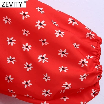 Zevity 2021 Moterų Mados V Kaklo Rišti Gėlių Spausdinti Trumpi Marškinėliai Lady Žibintų Rankovėmis Palaidinė Roupas Prašmatnus Pasėlių Blusas Viršūnes LS9441