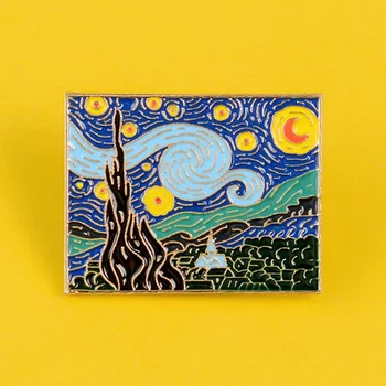 Į Žvaigždėtą Naktį Aliejaus Tapybai Atlikėjas Sagės Ženklelis Sagės Atvartas Smeigtukai Vyrams, Moterims, Van Gogh Žvaigždėtas Dangus Emalio Smeigtukai