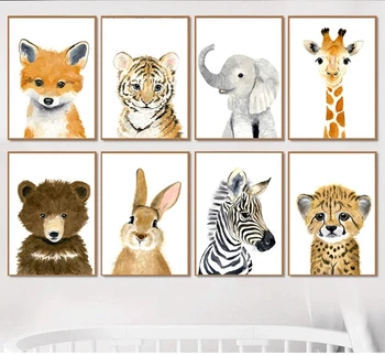 Šiaurės Animacinių Filmų Gyvūnų Spausdinti Paveikslai Tapyba Mielas Zebra Žirafa, Liūtas, Dramblys Plakatas Vaikų Kambario Sienos Meno Dekoro Darželio Nuotrauką