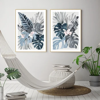 Šiaurės augalų sienos meno gėlių, tropinių mėlyna palmių lapų plakato nuotrauka spausdinama drobės tapybai šiuolaikinio gyvenimo kambario apdaila