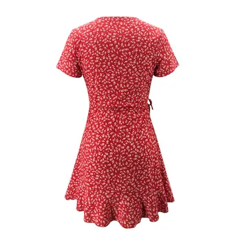 Šifono Pynimas Suknelė Moterims Vasaros Tvarstis Suknelės Trumpomis Rankovėmis Gėlių Spausdinti V-Kaklo Suknelė Atsitiktinis Paplūdimio Mini Suknelės Sukienka