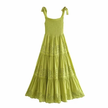 KRSB Za Vasaros Suknelė Moteris 2021 Cutwork Siuvinėjimo Žalia Slydimo Ilgos Suknelės Moterims Atsitiktinis užrišti Dirželis Pynimas Paplūdimio Ilga Suknelė