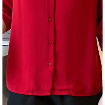 LJSXLS Turn-žemyn Apykaklės Šifono Palaidinė Moterų Temperamentas Trys Ketvirtį Rankovėmis Marškinėliai Moterims Vasaros Raudonos Laisvas Elegantiškas Ponios Viršų