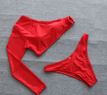 Raudona Vieną Petį Bikini Push Up Ilgomis Rankovėmis Maudymosi Kostiumėlį Moteris, Maudymosi Kostiumėliai, 2021 M. Vasaros Paplūdimio