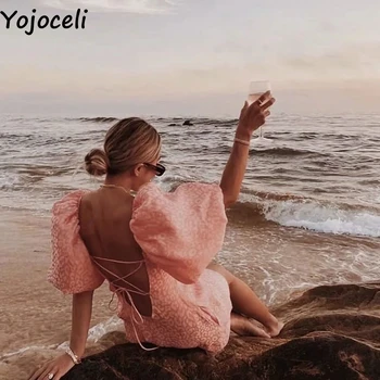 Yojoceli Seksualus backless leopard satino suknelė moterims Žibintų rankovės vasaros paplūdimio trumpa suknelė Elegantiškas atsitiktinis rožinės spalvos mini suknelė vestidos