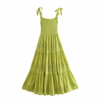 KRSB Za Vasaros Suknelė Moteris 2021 Cutwork Siuvinėjimo Žalia Slydimo Ilgos Suknelės Moterims Atsitiktinis užrišti Dirželis Pynimas Paplūdimio Ilga Suknelė