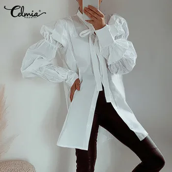 Moterų Mados Sluoksniuotos Rankovėmis Marškinėliai 2021 Celmia Atsitiktinis Bowknot Ilgai Marškinėliai Kieto Prarasti Elegantiškas Biuras Viršūnes Streetwear