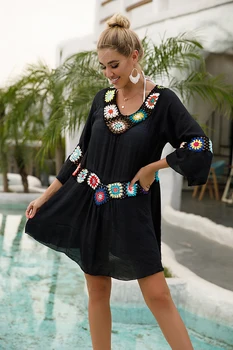 Moterų Paplūdimio Tunika Suknelė Cover-Up Black Ilgai Padengti Iki Megztų Gėlių Nėrimo Paplūdimio Bikini Vasara Ups Boho Suknelės