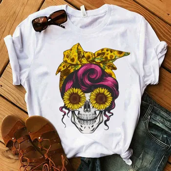Nauja Vasaros Mados Moterų marškinėliai Cukraus Kaukolės O-kaklo T-Shirt Harajuku Kawaii Viršūnes Tee trumpomis Rankovėmis Moteriška Marškinėlius