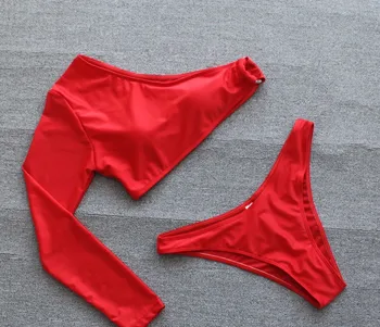 Raudona Vieną Petį Bikini Push Up Ilgomis Rankovėmis Maudymosi Kostiumėlį Moteris, Maudymosi Kostiumėliai, 2021 M. Vasaros Paplūdimio