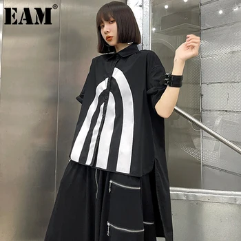[EAM] Moterys Black Print Nesimetriškas didelio Dydžio Palaidinė Naujas Atvartas Trumpas Rankovės Loose Fit Marškinėliai Mados Pavasario Vasaros 2021 1DD7045