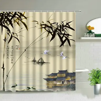 Kinų Stiliaus Dažai, tapyba Bambuko Kraštovaizdžio Dušo Užuolaidų Žiedų, Paukščių Dekoracijos Vonios Vandeniui Audinio Vonios Užuolaidos Su Kabliu