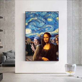 Mergaitė su perlų auskarai ir Mona Lisa pagal žvaigždėtą naktį, plakatai ir spausdina ant sienų tapybos meno nuotraukas