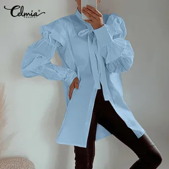 Moterų Mados Sluoksniuotos Rankovėmis Marškinėliai 2021 Celmia Atsitiktinis Bowknot Ilgai Marškinėliai Kieto Prarasti Elegantiškas Biuras Viršūnes Streetwear