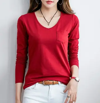 Moterų naujų korėjos stiliaus mados slim V-kaklo, kišenėje vientisos spalvos ilgomis rankovėmis marškinėliai T-shirt